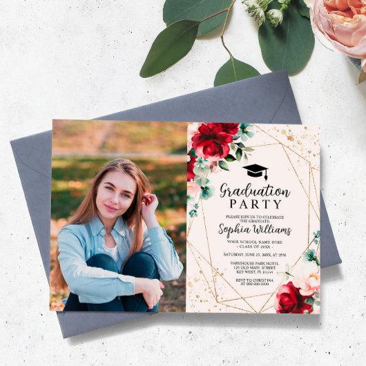 Red Rose & Gold Watercolor Photo Graduation Party Invitation