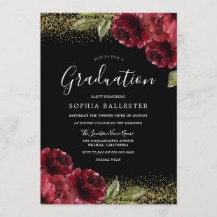 Red Roses Gold Glitter Graduation Party Invitation