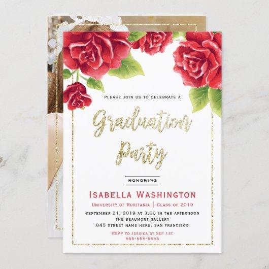 Red Roses & Gold Glitter Photo Graduation Party Invitation