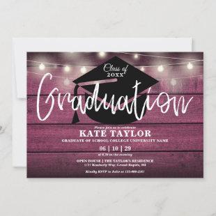 Red Rustic Wood String Lights Graduation Party Invitation