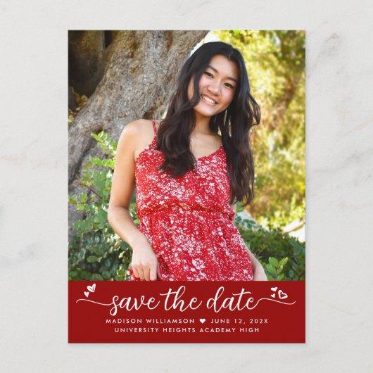 Red Save the Date Graduation Photo Script Hearts Invitation Postcard