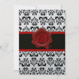 RED, SILVER AND BLACK DAMASK ,WAX SEAL MONOGRAM INVITATION