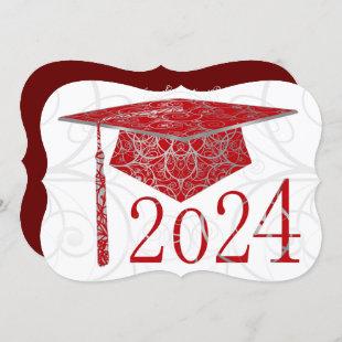 Red & Silver Floral Cap 2024 Graduation Party Invitation