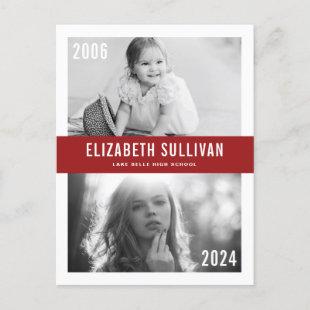 Red Then and Now Photo Collage Graduation Announcement Postcard