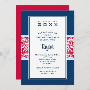 Red White Navy Damask Graduation Party Invitations