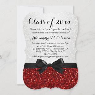 Red/White Sparkly Bow Shaped Graduation Invitation