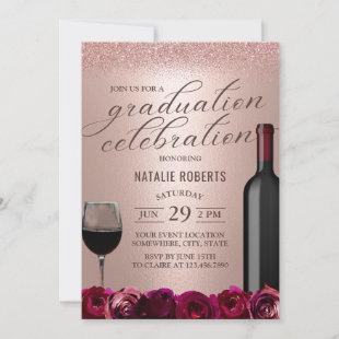 Red Wine & Flowers Rose Gold Graduation Party Invitation