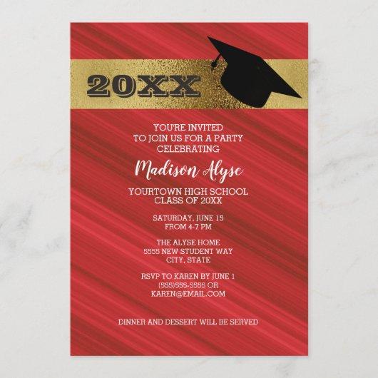 Red with Gold and Graduation Cap Party Invitation