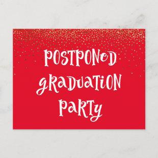 Red with Gold Confetti Postponed Graduation Party Postcard