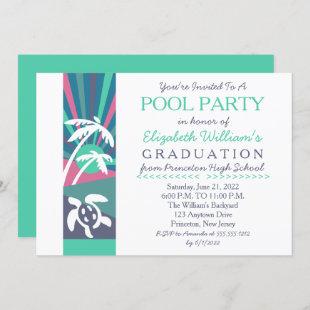 Retro Beach Sunset Graduation Pool Party Invitation