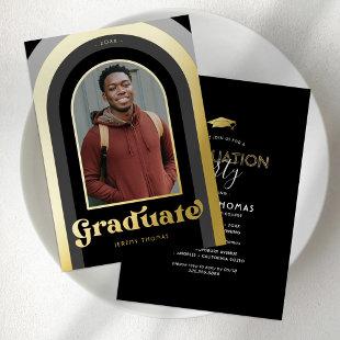 Retro Black Photo Graduation Party Gold Foil Invitation