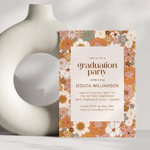 Retro Boho Terracotta Floral Cute Graduation Party Invitation
