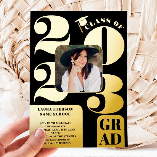Retro bold 2023 gold black 5 photos graduation foil invitation