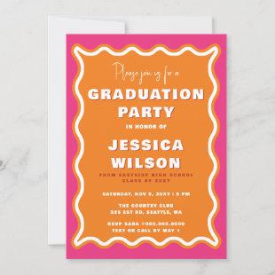 Retro Cute Wavy Pink Orange Photo Graduation Invitation