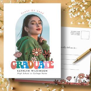 Retro Floral Groovy Script Arch Photo Graduation Invitation Postcard