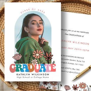 Retro Floral Groovy Typography Photo Graduation Invitation