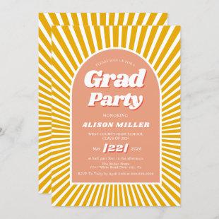 Retro groovy peach yellow sunrays 70s Graduation Invitation