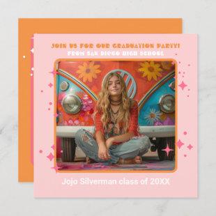 Retro Hippie Photo Graduation Party Pink orange Invitation