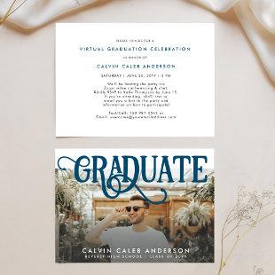 Retro Navy Blue Photo Virtual Graduation for Boys Invitation