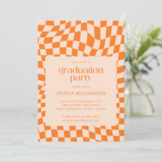 Retro Orange Abstract Checkerboard Graduation  Invitation
