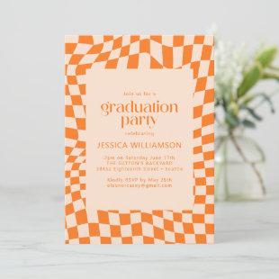 Retro Orange Abstract Checkerboard Graduation Invitation