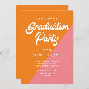 Retro Orange Pink Color Block Graduation Party Invitation