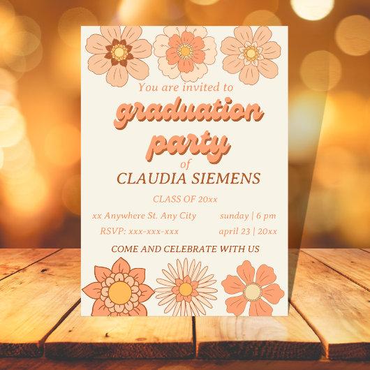 Retro PEACH Floral Groovy Graduation Invitations