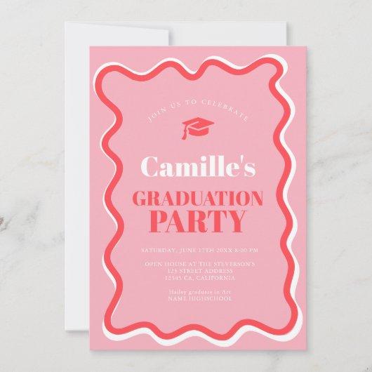 Retro pink red curve squiggle wavy graduation invitation