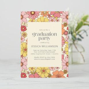Retro Pink Yellow Floral Groovy Graduation Party Invitation