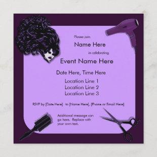 Retro Purple Hair Stylist Custom Invitations
