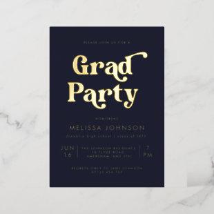 Retro Type Photo Grad Party Navy and Gold Foil Foil Invitation