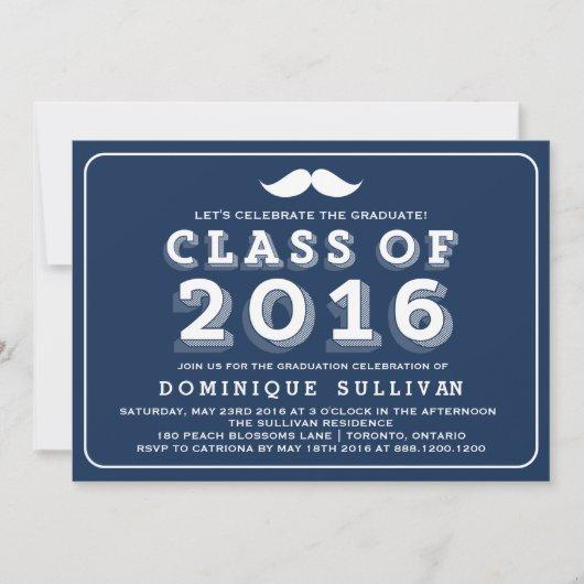 Retro Typography | Navy Mustache Graduation 2016 Invitation
