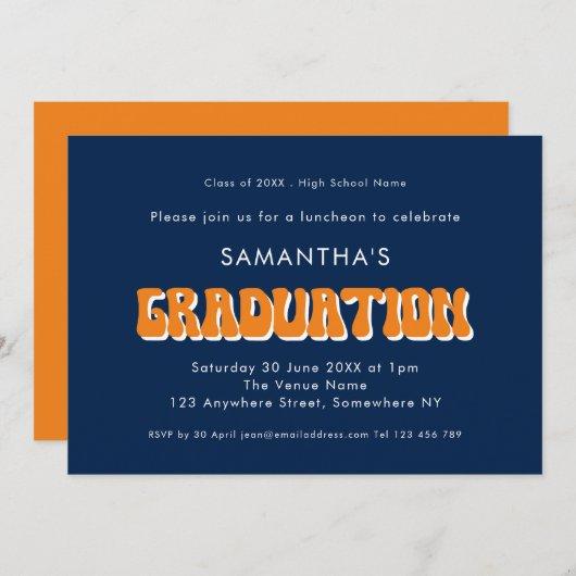 Retro Vintage Orange Navy Text Graduation Party Invitation