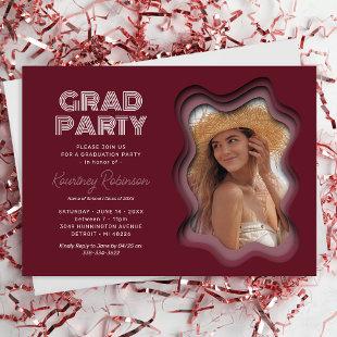 Retro Wave Burgundy Photo Graduation Party Invitation