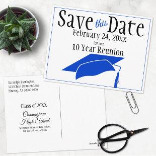 Reunion Class Save The Date Blue Graduation Cap Postcard