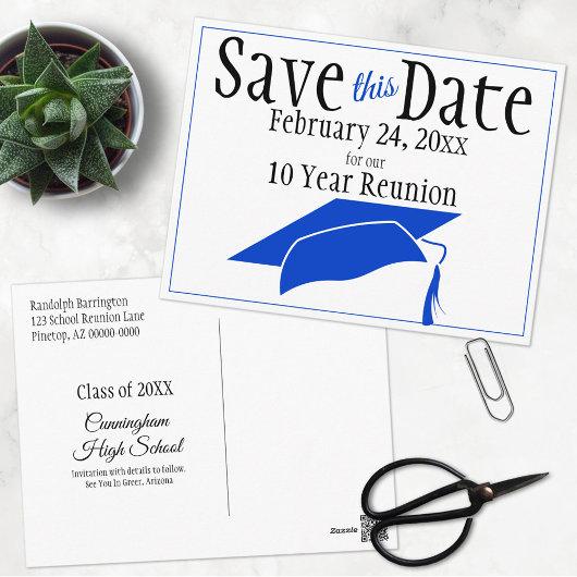 Reunion Class Save The Date Blue Graduation Cap Postcard