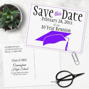 Reunion Class Save The Date  Purple Graduation Cap Postcard