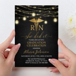 RN Black and Gold Lights Nursing Graduation Invitation