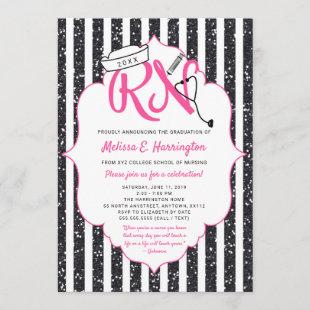 RN graduation party invitation, hot pink + black Invitation