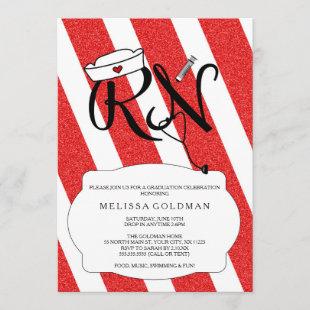 RN Nurse graduation invites fun red glitter design