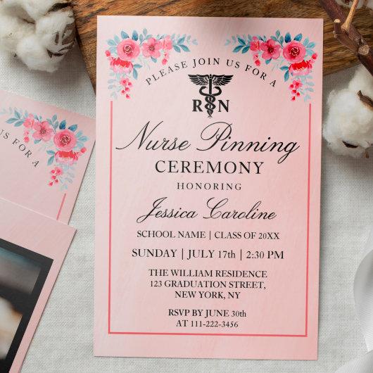 RN Nurse Pink Floral Pinning Ceremony With Flowers Invitation