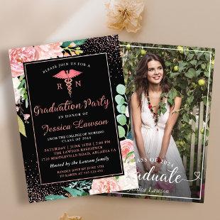 RN Nursing Graduation Party Rose Gold Floral Photo Invitation