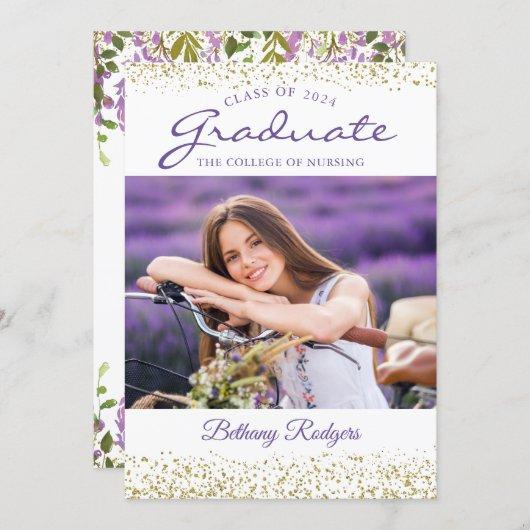 RN Nursing Graduation Purple Floral Gold Photo Invitation
