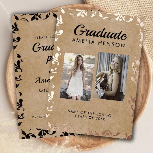Rococo Old Paper Graduate Photo Collage Graduation Foil Invitation