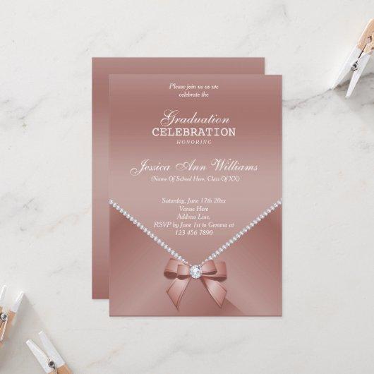 Romantic Diamonds & Rose Gold Bow Graduation   Invitation