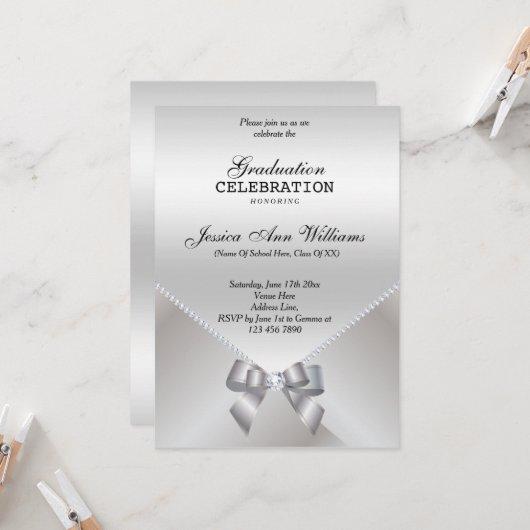 Romantic Diamonds & Silver Bow Graduation Invitation