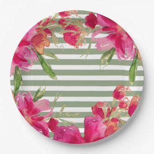 Romantic Flowers Green Stripes Party Paper Plates