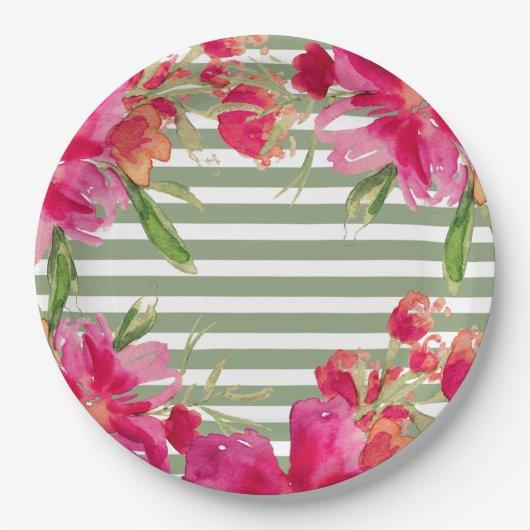 Romantic Flowers Green Stripes Party Paper Plates