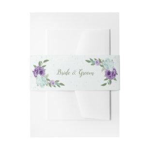 romantic purple blue flowers  greenery wedding invitation belly band