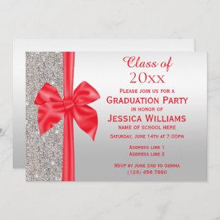 Romantic Red Silk Bow, Silver Sequins Graduation Invitation